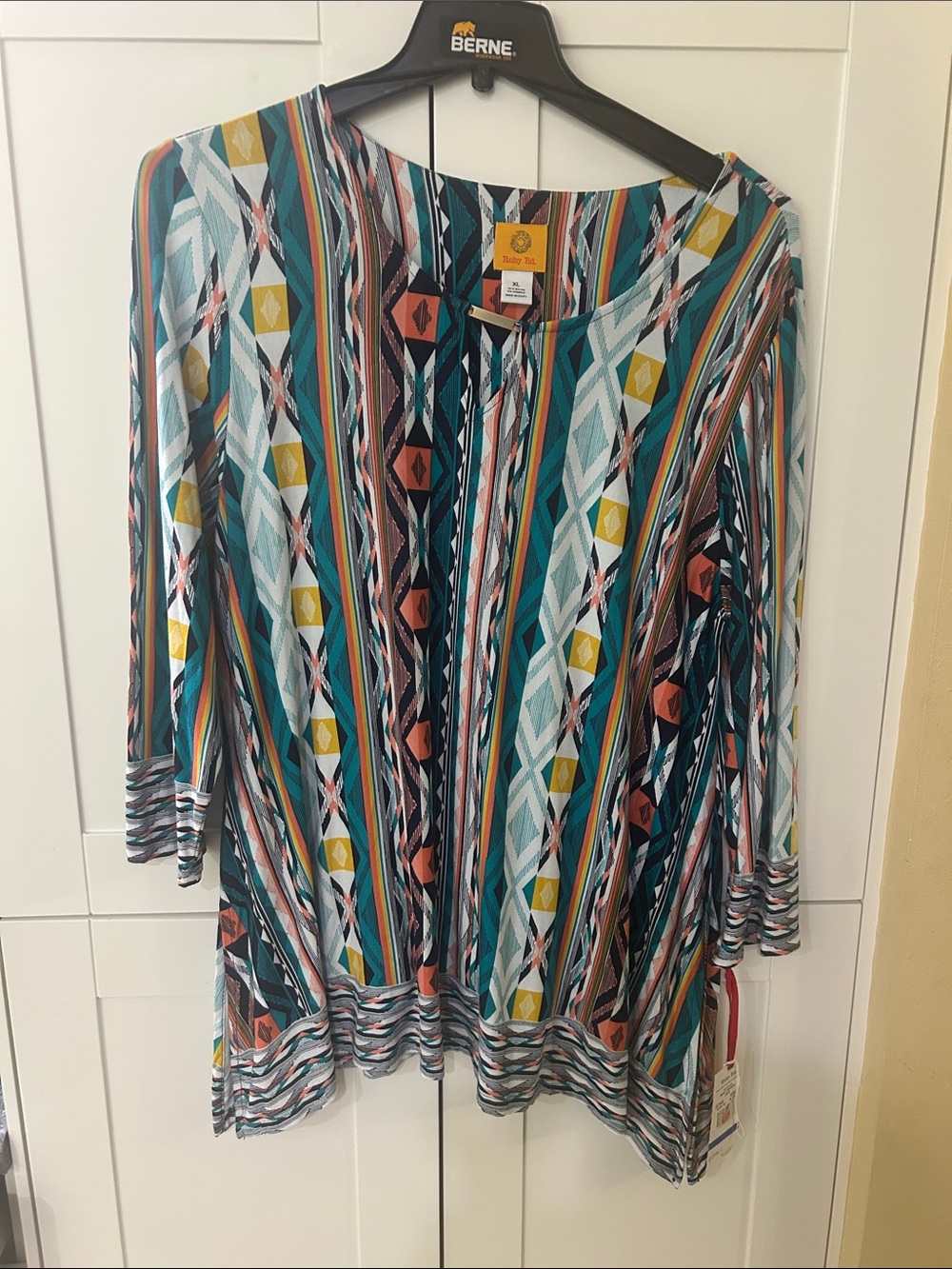 Ruby Rd. Geometric Multi-Stripe Tunic Top - Teal, Navy, Mustard, Coral, White